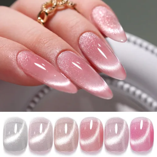 Miniatura 13 de Double Rhythm Juego de esmaltes de gel de ojo de gato, 6 colores, purpurina brillante con imán, holográfico, reflectante, magnético, UV, kit de arte