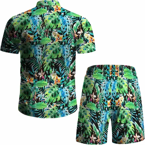 Miniatura 52 de RPOVIG Conjunto de playa a juego con camisas y pantalones cortos para hombre, ropa floral hawaiana para festival, conjuntos de 2 piezas con sombrero