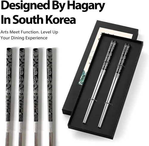 Miniatura 5 de Hagary Palillos de Dragón de Metal Reutilizables Diseñados en Corea Estilo Japonés de Acero Inoxidable 316 18/10 Antideslizantes 2 Pares Aptos