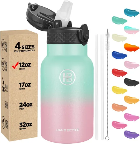 Han's Bottle Botella de agua para niños con tapa con pajita - Vaso reutilizable de acero inoxidable aislado para niñas, niños, taza térmica, 12