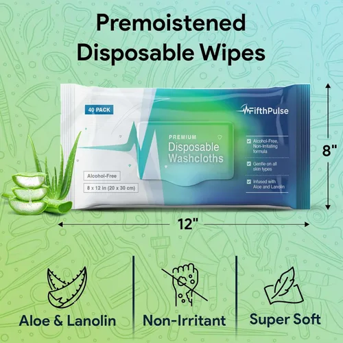 Miniatura 2 de Toallitas corporales desechables para adultos, 200 unidades (5 x 40 paquetes) – Paños prehumedecidos para baño de ancianos infundidos con aloe