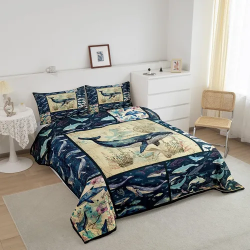 Miniatura 2 de Juego de edredón de ballena individual, juegos de ropa de cama retro con temática náutica para decoración de dormitorio, edredón de plumón de vida