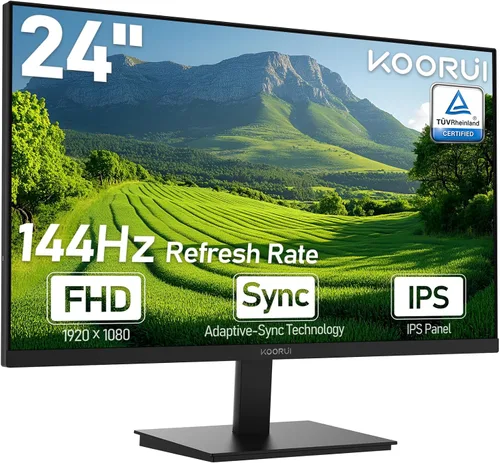 KOORUI Monitor de PC FHD IPS de 24 pulgadas, sincronización adaptativa de 144 Hz, cuidado de los ojos, inclinación ajustable, HDMI y VGA, montaje