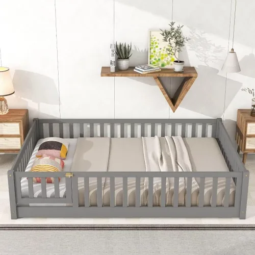 Miniatura 13 de Cama de suelo tamaño Queen, marco de cama Montessori de madera maciza con barandillas en forma de valla, puerta pequeña y listones de madera