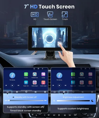 Miniatura 6 de Podofo Pantalla inalámbrica Carplay para coche, 7 pulgadas, 1080P HD IPS, pantalla táctil portátil para radio de coche, receptores de audio de radio