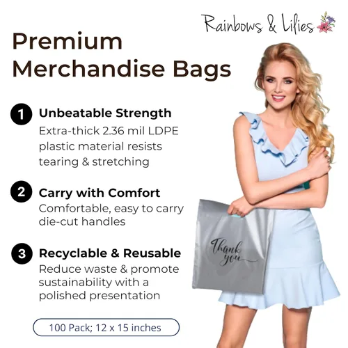 Miniatura 3 de Rainbows & Lilies 100 bolsas de plástico plateadas de agradecimiento con asas – 12" de ancho x 15" de alto, gruesas, reutilizables, bolsas