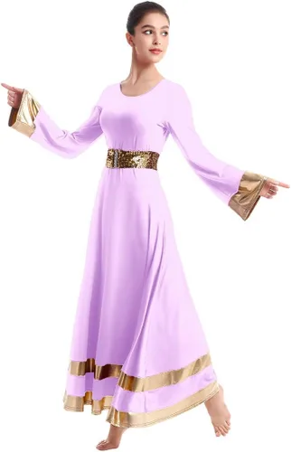 Miniatura 4 de IBAKOM Túnica de manga larga para mujer, vestido litúrgico de baile completo con cinturón de lentejuelas