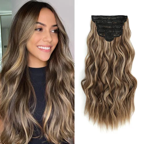 Miniatura 11 de Fliace Extensiones de cabello con clip para mujer, extensiones de cabello ondulado largo de color marrón medio, extensiones de cabello sintético
