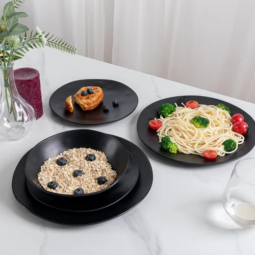 Miniatura 2 de Juego de platos y cuencos de melamina negra, juegos de vajilla de melamina de 12 piezas para uso en interiores y exteriores, juego de platos ligeros