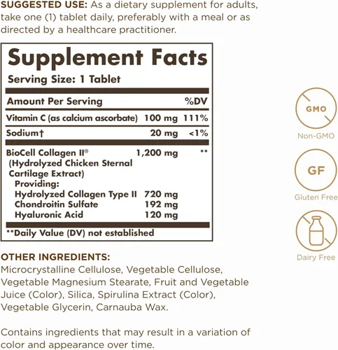 Miniatura 2 de Solgar Complejo de colágeno ácido hialurónico - 30 tabletas - Con colágeno hidrolizado tipo 2 y condroitina - Sin OMG, sin gluten y lácteos - 30
