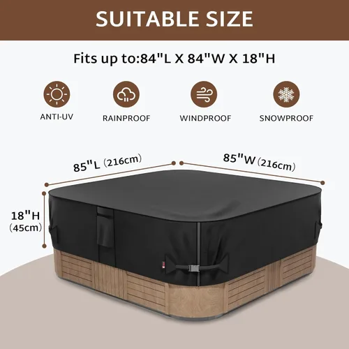 Miniatura 2 de iBirdie - Funda impermeable y a prueba del clima para bañera de hidromasaje al aire libre, 85 x 85 pulgadas, para 84 x 84 o 83 x 83 o 82 x 82 o 7