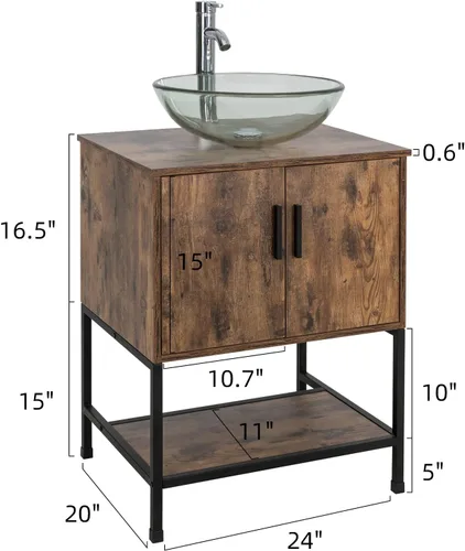 Miniatura 2 de UEV Juego de tocador de baño antiguo de 24 pulgadas, color marrón oscuro con lavabo, armario de baño de madera de hierro con grifo de temperatura