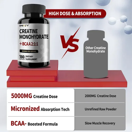 Miniatura 4 de Cápsulas de monohidrato de creatina micronizada de 6000 mg con BCAA2:1:1 - Ingredientes activos que apoyan la fuerza y la recuperación - Suplementos