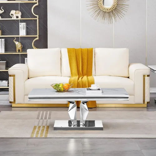 Miniatura 42 de SSLine Mesa de Centro Rectangular de Mármol Sintético para Sala de Estar, Mesa Central Moderna de Mármol Blanco de Lujo con Base Doble en Forma de U