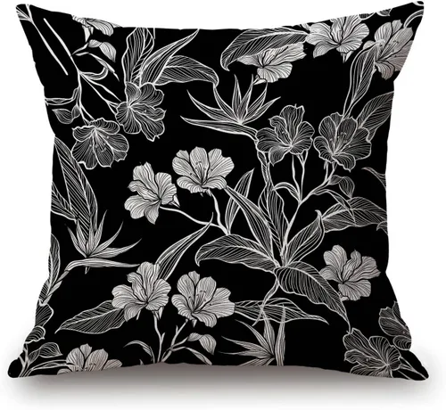Solekla Funda de almohada cuadrada de lino y algodón con flores blancas y negras, funda de cojín decorativa para sofá de 18 x 18 pulgadas Sl157