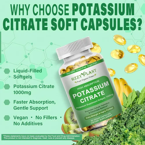 Miniatura 4 de Cápsulas blandas de suplemento de potasio, citrato de potasio de alta absorción, 1000 mg para equilibrio electrolítico muscular, corazón y soporte