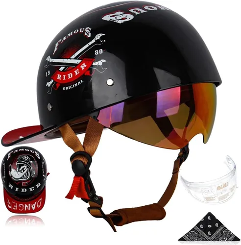 Miniatura 18 de Gorra de béisbol para motocicleta, 3 unidades, aprobado por DOT, estilo vintage, cara abierta, unisex, para adultos, medios cascos de doble lente