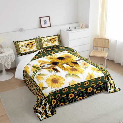 Miniatura 4 de Manfei - Juego de edredón de tamaño Queen con lindo diseño de perezoso, juego de colcha con flores amarillas con 2 fundas de almohada, juego de ropa