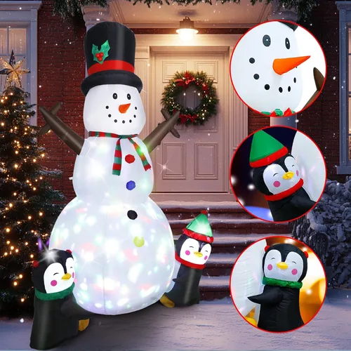 Miniatura 3 de Dawdix Muñeco de nieve inflable de Navidad de 8 pies, muñeco de nieve de Navidad para inflar con pingüinos, luces LED coloridas giratorias
