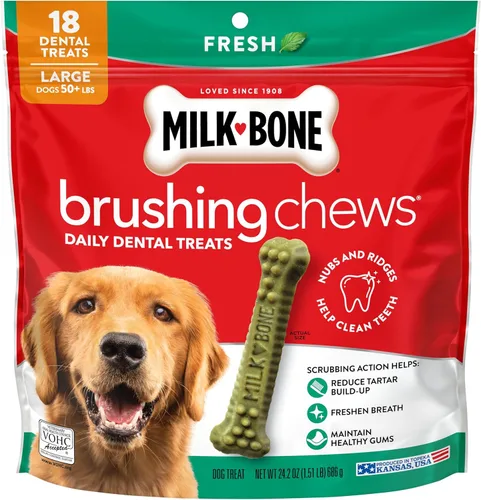 Milk-Bone Masticables de cepillado de aliento fresco, 18 golosinas dentales grandes para perros diarios, acción de fregado que ayuda a limpiar los