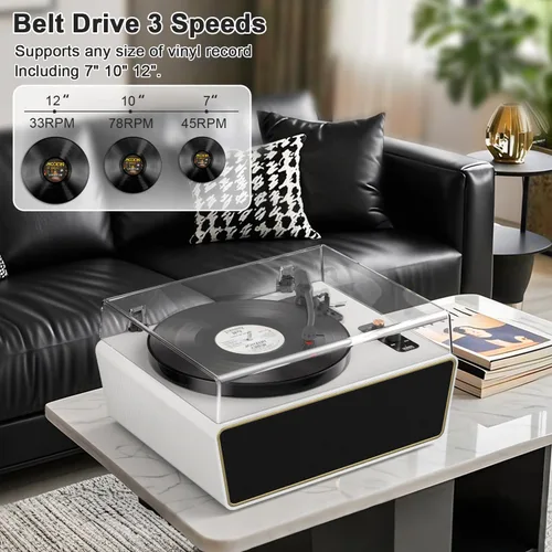 Miniatura 9 de Tocadiscos de vinilo de tamaño completo, tocadiscos Bluetooth de 3 velocidades con estilo Ruby, contrapeso ajustable, 4 altavoces estéreo