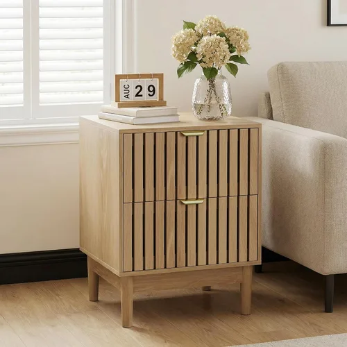 Miniatura 4 de Wood Nightstand Set of 2, Modern Bedside Table with Grille Design, End Side Table with 2 Drawers Storage for Living Room, Bedroom, Oak