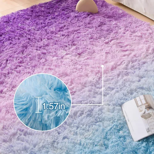 Miniatura 8 de A Nice Night Alfombra de piel sintética lanuda y esponjosa, con estampado de estrellas y purpurina de teñido anudado azul y morado, suave, lujosa