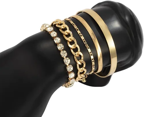 Miniatura 4 de fxmimior Juego de 5 pulseras apilables de cadena dorada y plata con diamantes de imitación para mujer, con cuentas ajustables, cadena de cable plano