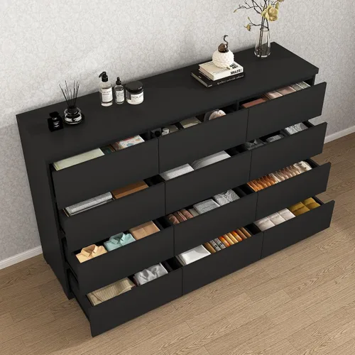 Miniatura 6 de Cómoda negra de 12 cajones para dormitorio, cómoda moderna con cajones profundos de 63 pulgadas, cómoda de almacenamiento ancha y larga, muebles
