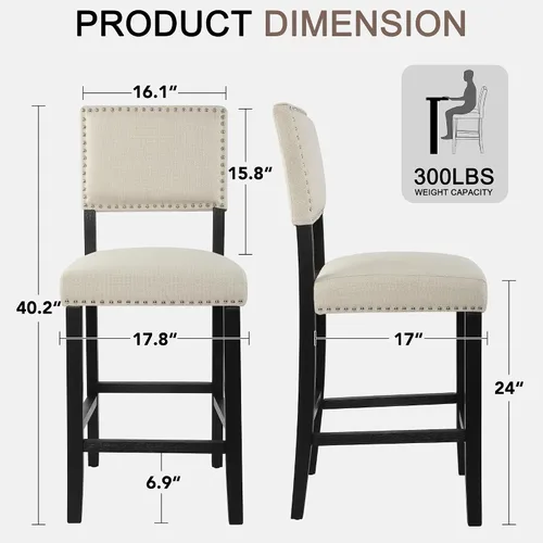 Miniatura 2 de LSSBOUGHT Taburete de bar tapizado de tela de lino con patas de madera de goma, silla de bar con ribete clavado para isla de cocina