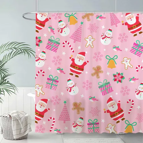 Miniatura 2 de Allenjoy Cortina de ducha de Navidad rosa de 72 x 72 pulgadas para niña, juego de baño de Feliz Navidad, invierno, Papá Noel, muñeco de nieve
