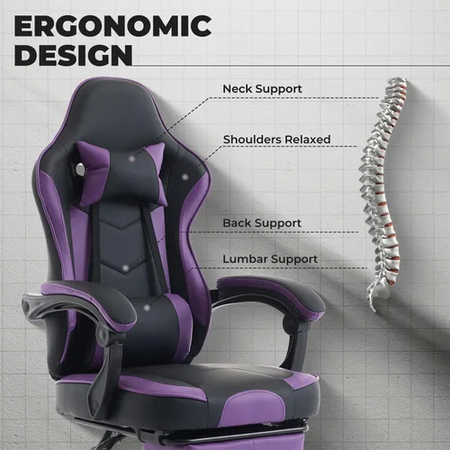 Miniatura 4 de Silla de escritorio para juegos para adultos, silla ergonómica para juegos con reposapiés, reposacabezas y soporte lumbar, material de cuero, altura