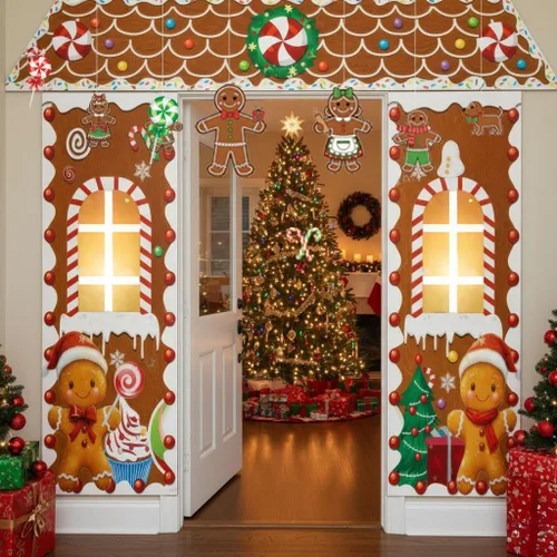 Miniatura 5 de Puerta de Pan de Jengibre de Navidad con Luces, Decoraciones de Cubierta de Cartón, Letrero de Pancarta de Porche de Dulces de Casa de Pan