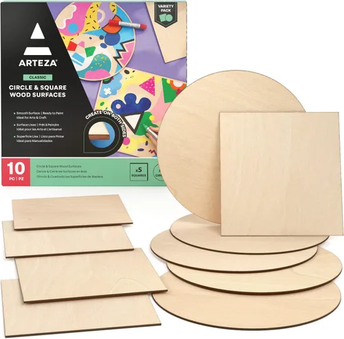 ARTEZA Juego de 10 rodajas de madera de MDF, 5 círculos de 11.8 pulgadas y cuadrados de 5 x 9.05 pulgadas, piezas de madera sin terminar para