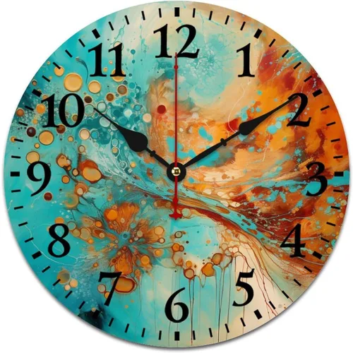 Miniatura 16 de Reloj de madera con motivo de arte tribal naranja brillante, turquesa, azul y azul, patrón tribal del suroeste, cuarzo decorativo de madera, sin