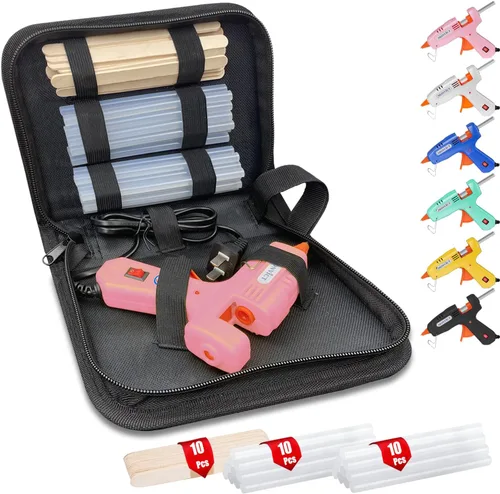 MONVICT Kit de pistola de pegamento caliente, mini pistola de pegamento rosa con estuche de transporte, 20 barras de pegamento de alta calidad, 10