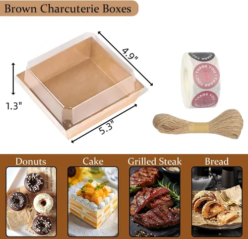 Miniatura 2 de Paquete de 100 cajas de charcutería con tapas transparentes, caja de panadería de papel Kraft To Go de 5 pulgadas con 500 calcomanías, cuerda
