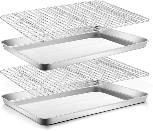 Miniatura 8 de E-far - Juego de bandejas para hornear para horno tostador, bandeja pequeña de acero inoxidable de 10.5 x 8.3 pulgadas con rejilla de alambre