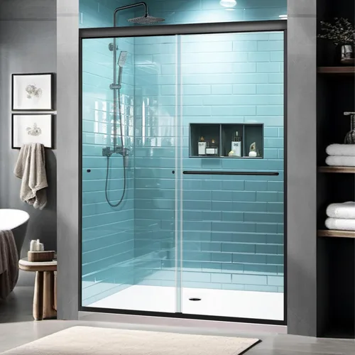 Miniatura 27 de GroGro 56-60" W x 71" H Mampara de ducha giratoria de vidrio semisin marco, vidrio templado transparente de 1/4" (6mm) SGCC, acabado cromo, Cromado