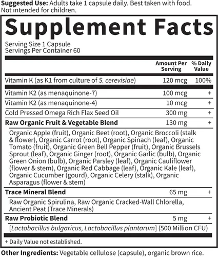 Miniatura 2 de Suplemento vitamínico, Jardín de la vida Vitamina K, Vitamina Código Raw K Todo Complejo Alimentos Vegano, 60 Cápsulas
