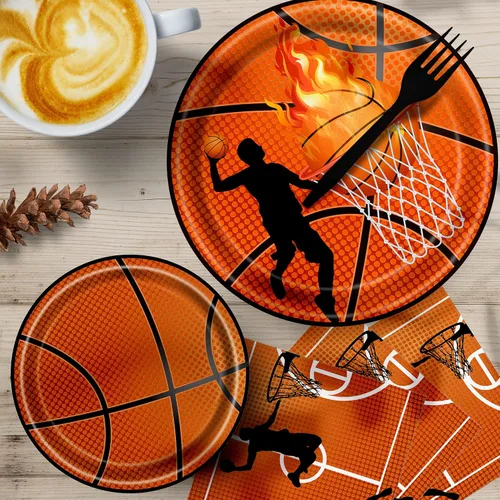 Miniatura 5 de Decoraciones de fiesta de baloncesto, juego de 96 platos y servilletas de baloncesto para niños, decoraciones de fiesta de cumpleaños de niños