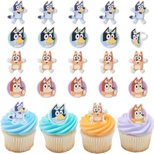 DecoPac Bluey So Much Fun Anillos, 24 decoraciones para cupcakes con Bluey, Bingo, Bandit y Chilli, 3D seguros para alimentos, paquete de 24
