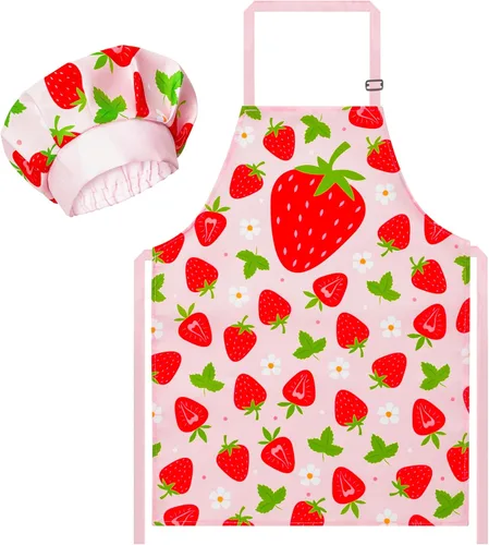 Miniatura 19 de R HORSE Juego de delantal y sombrero de chef para niños, 2 piezas, mini parrilla ajustable, delantal de cocina para niños, juego de rol, juguete