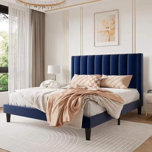 SHA CERLIN - Base de cama tapizada de terciopelo tamaño completo con cabecero/Base de cama tapizada de plataforma con cabecero/Soporte de listones