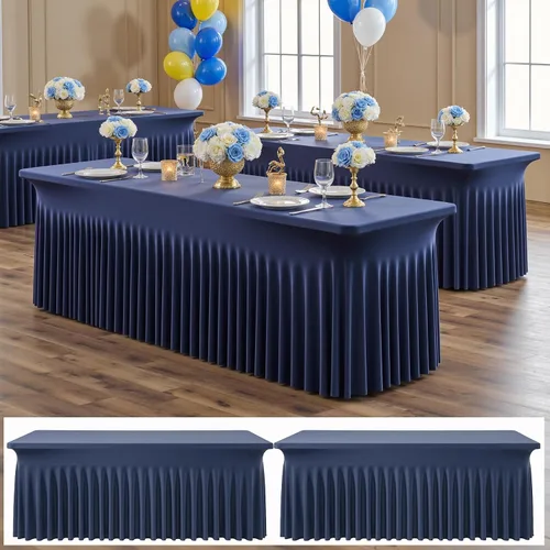 Miniatura 18 de Paquete de 2 manteles de elastano azul bebé de 6 pies con falda de mesa con volantes, manteles ajustables elásticos sin arrugas para mesas