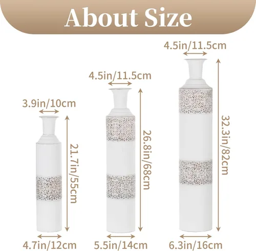 Miniatura 5 de Sziqiqi Jarrón de Piso Jarrón Alto Jarrones Blancos Extra Grandes Juego de 3 Jarrones Grandes de Metal para Decoración del Hogar Sala de Estar