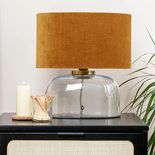 Miniatura 14 de Creative Co-Op Lámpara de mesa moderna con base de vidrio y pantalla de terciopelo, amarillo mostaza