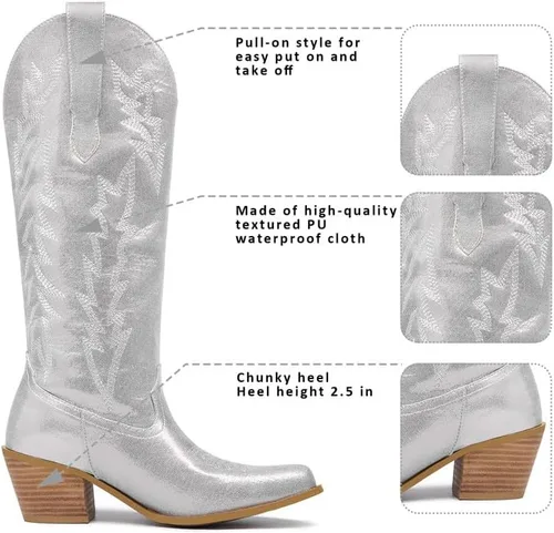 Miniatura 2 de GOSERCE Botas vaqueras altas hasta la rodilla para mujer, botas vaqueras altas bordadas, estilo occidental, punta puntiaguda, bloque medio, tacón