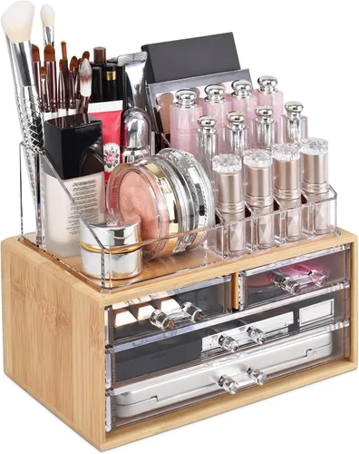 Miniatura 11 de Ikee Design Organizador de maquillaje acrílico con 4 cajones y soportes removibles para lápices labiales en la parte superior, ideal para maquillaje