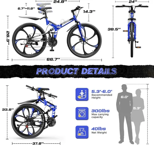Miniatura 3 de Outroad - Bicicleta de montaña plegable de 26 pulgadas, 21 velocidades, suspensión completa, bicicleta MTB de acero de alto carbono plegable, freno
